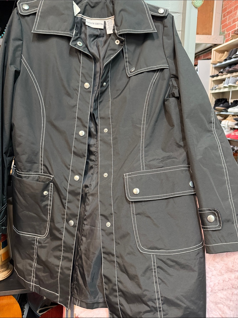 Jaclyn Smith Black Trench Coat with White Contrast Stitching